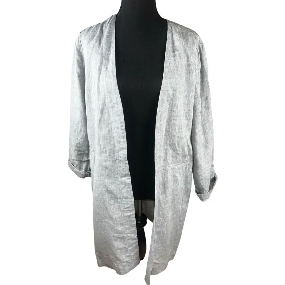 Eileen Fisher Lagenlook Women's Medium 100% Linen Chambray Long blue cardigan